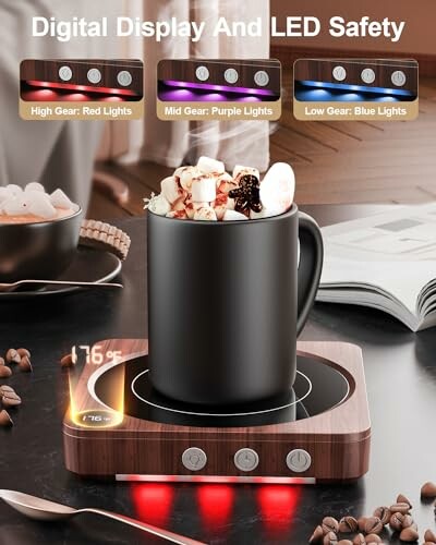 Digital mug warmer with LED display and marshmallow drink.