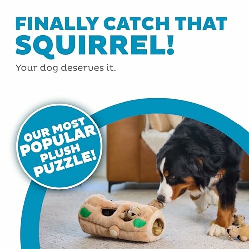 Dog playing with a squirrel-themed plush puzzle toy.
