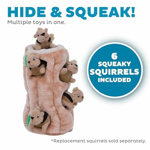 Dog toy with squirrels in a plush tree trunk.