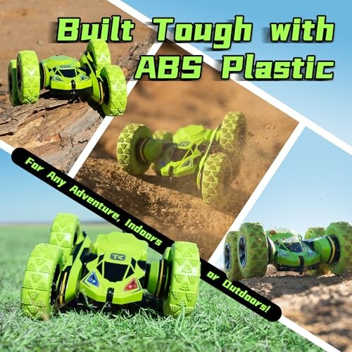Green RC car on various terrains, showcasing durability with ABS plastic.
