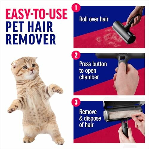 Instructions for using a pet hair remover with a cat image, showing steps to roll, open chamber, and dispose of hair.
