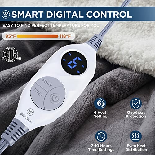 Electric blanket controller with digital display and settings.