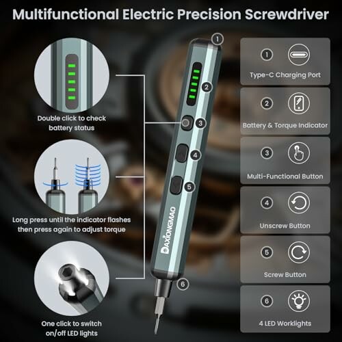 Multifunctional electric precision screwdriver with LED display and various buttons.