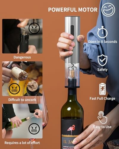Electric wine opener showing features like powerful motor and ease of use