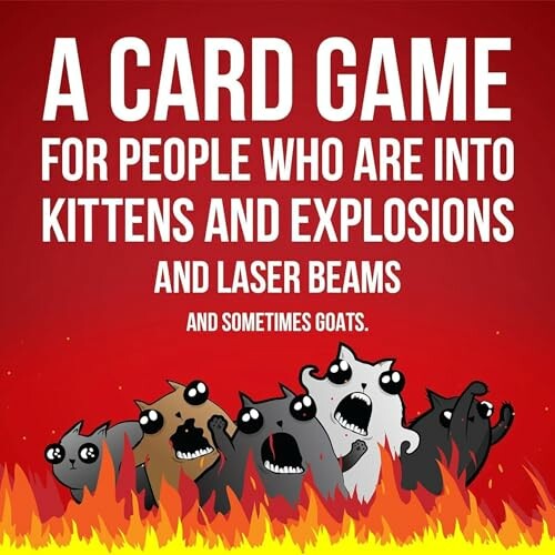Exploding Kittens card game promotional image with cartoon cats and humorous text.