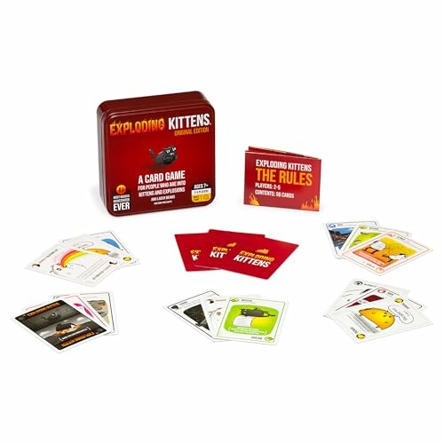Exploding Kittens card game set with box and cards.