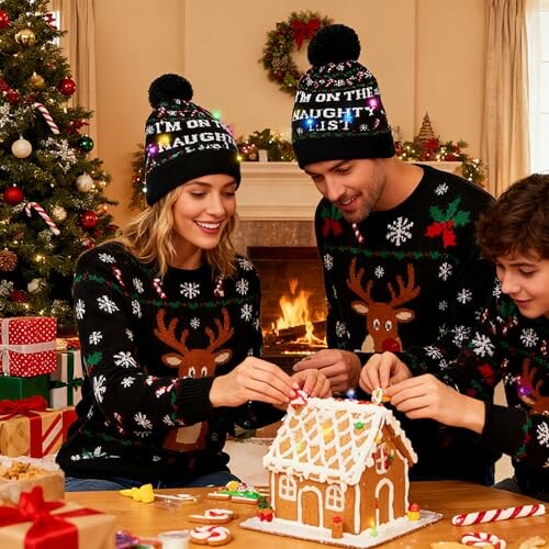 Family building a gingerbread house in festive sweaters by a Christmas tree.
