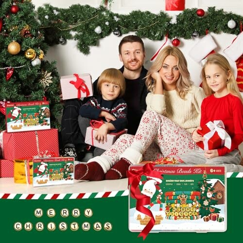 Family celebrating Christmas with gifts and decorations.