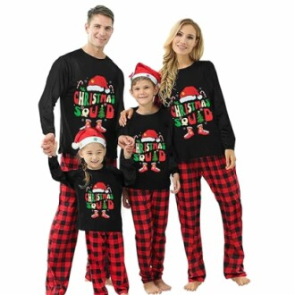 Family wearing matching Christmas pajamas with Santa hats.