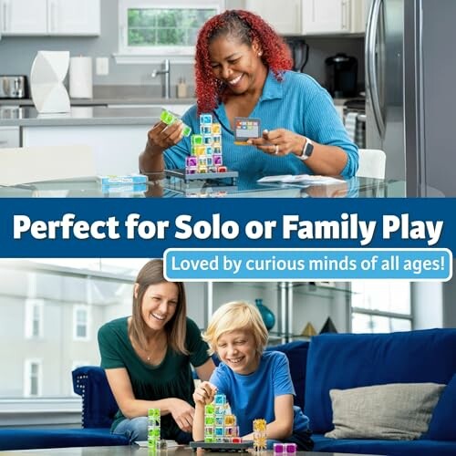 People playing a colorful block game together at home.