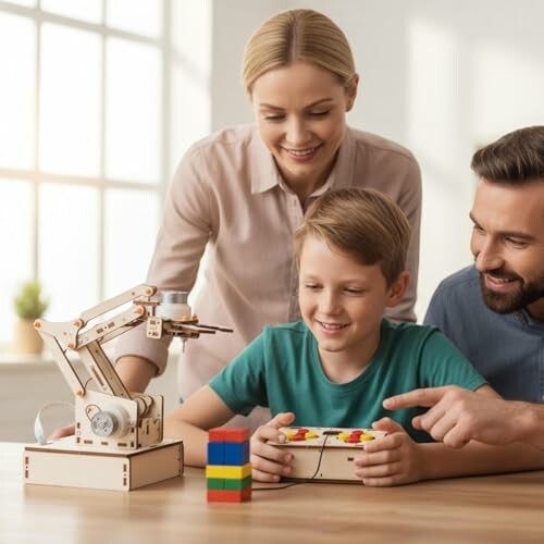 Family building a robot together at home