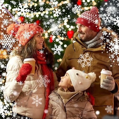 Family enjoying warm drinks in winter with snowflakes and festive lights.