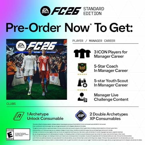 EA SPORTS FC 26 preorder bonuses including ICON players, 5-star coach, youth scout, and more.