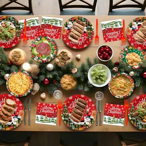 Festive Christmas dinner table with decorative plates and holiday decorations.