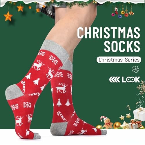 Red Christmas socks with holiday patterns.