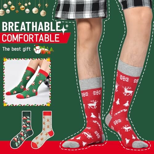 Festive Christmas socks with holiday designs.