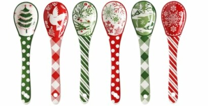 Set of six holiday-themed spoons with festive designs and colors.