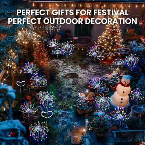Colorful outdoor Christmas decorations with lights, snowman, and tree.