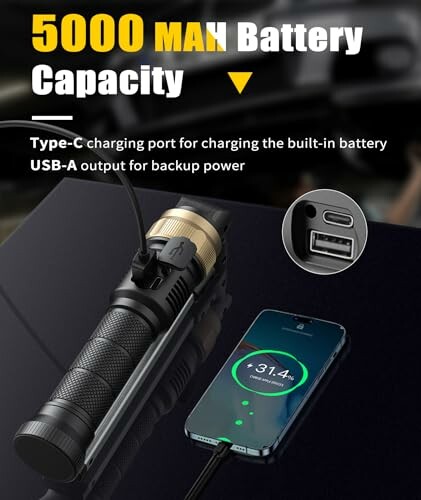 Flashlight with 5000mAh battery charging a phone via USB.
