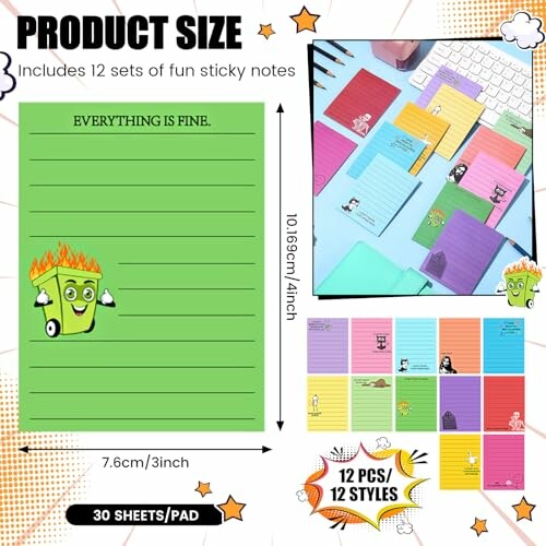 Colorful sticky notes with fun designs and sizes.