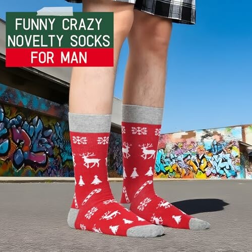 Person wearing red novelty socks with patterns in urban setting.