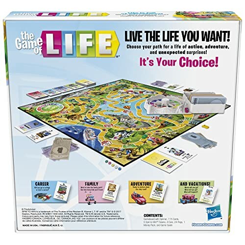 The Game of Life board game box featuring colorful board, cards, and spinner