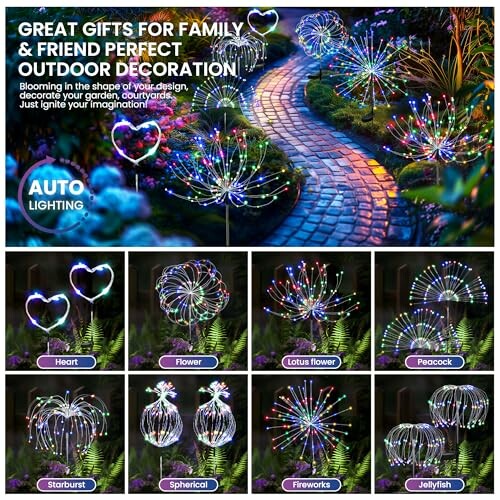 Colorful garden lights shaped like flowers and hearts, perfect for outdoor decoration.