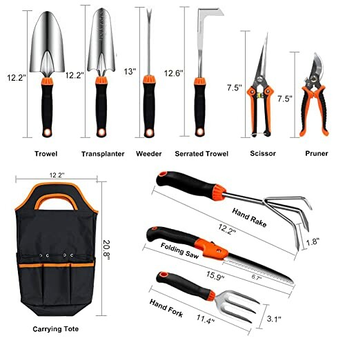 Gardening tools set with carrying tote, including trowel, transplanter, weeder, serrated trowel, scissor, pruner, hand rake, folding saw, and hand fork.