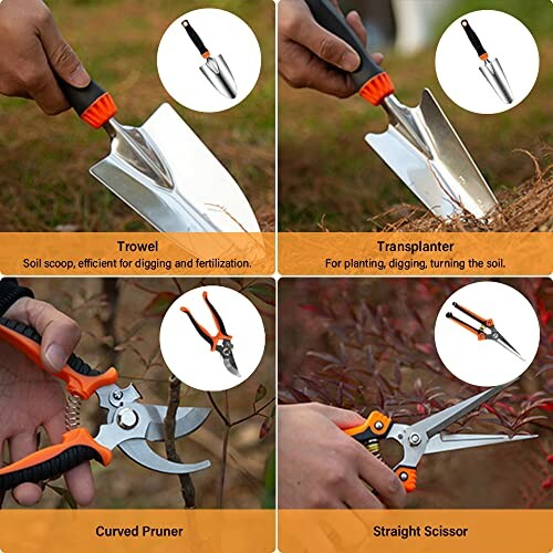 Four gardening tools: trowel, transplanter, curved pruner, straight scissor in use.