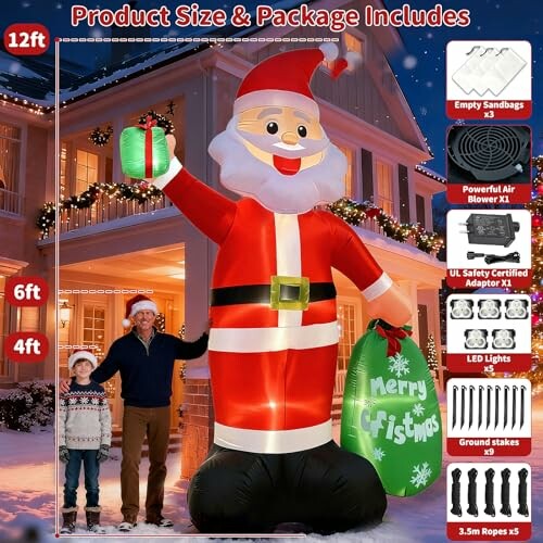 Giant Santa inflatable with family, showing size and package contents.