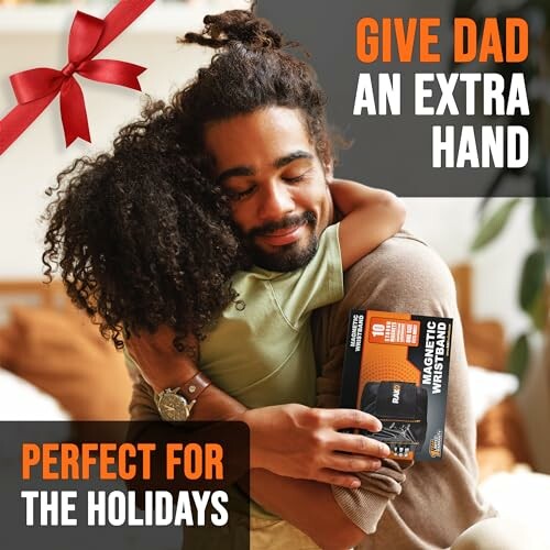 Child hugging father holding magnetic wristband gift.
