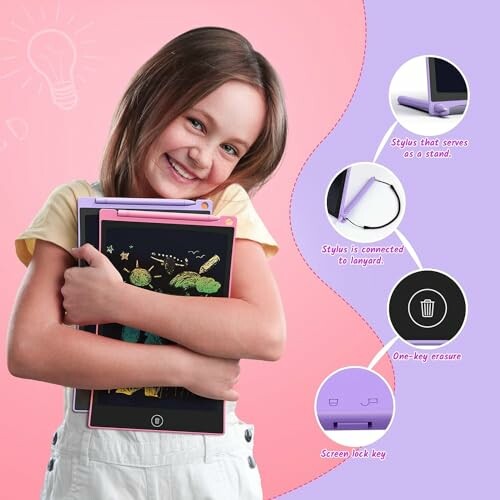 Smiling girl holding colorful drawing tablets with features highlighted. Perfect for kids to learn and have fun!