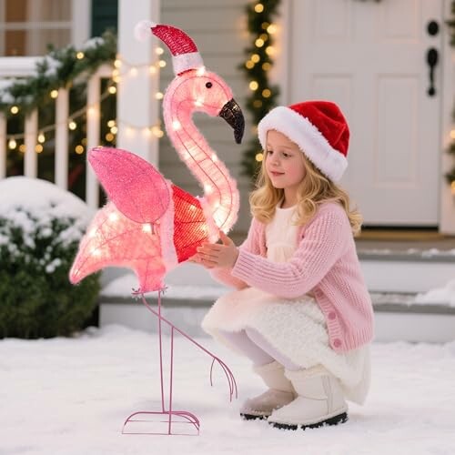 A girl in a Santa hat posing with a light-up flamingo decoration in the snow, showcasing holiday spirit.