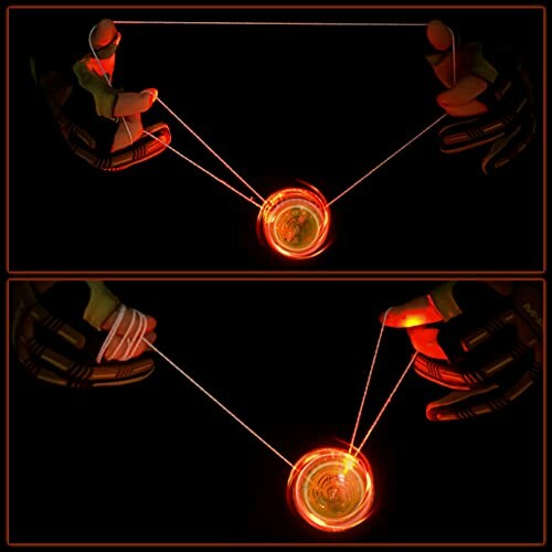 Hands performing yo-yo tricks with a glowing yo-yo.