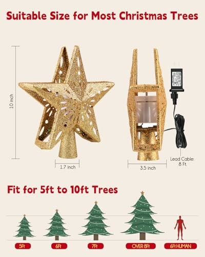 Gold star tree topper with size guide for 5ft to 10ft trees.
