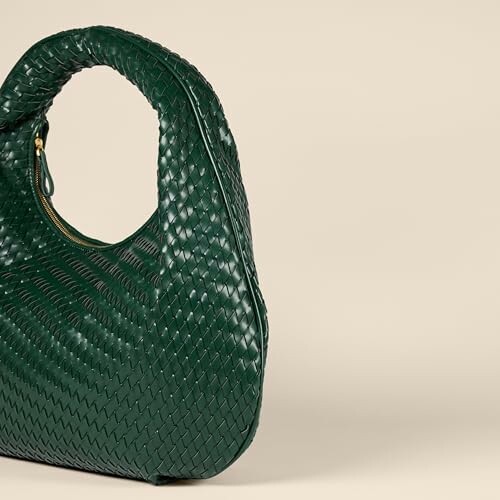 Green woven leather handbag with round handle