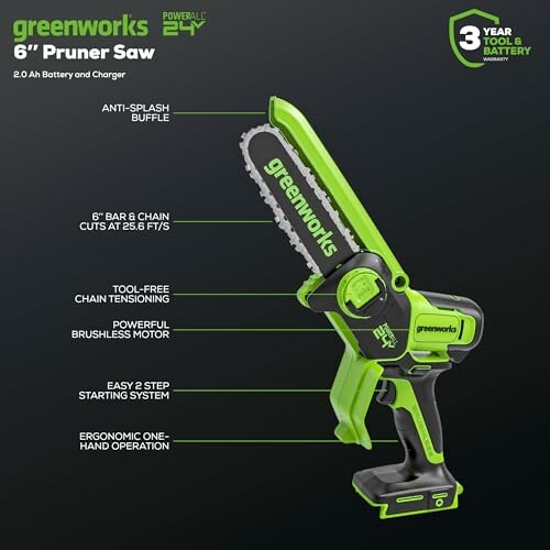 Greenworks 6-inch pruner saw with key features labeled.