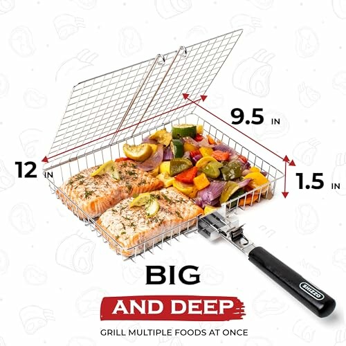 Grill basket with salmon, vegetables, and handle dimensions.