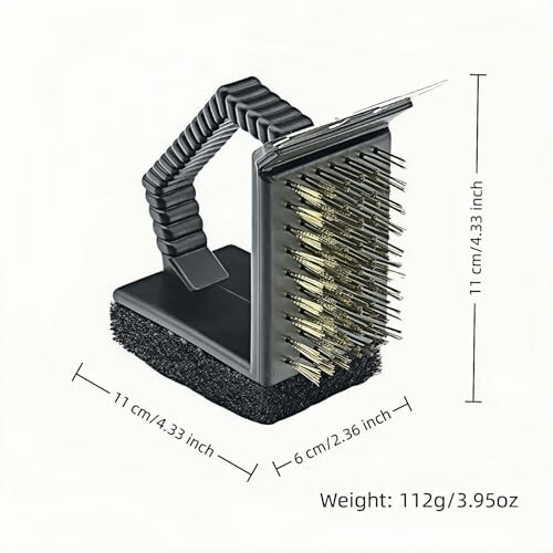 Grill brush with scraper, dimensions and weight displayed.