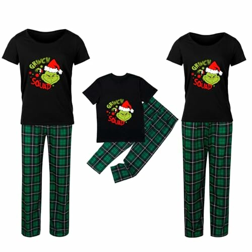 Matching Grinch-themed Christmas pajama set with black tops and green plaid pants.