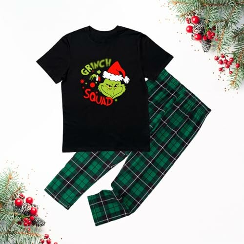 Grinch Squad Christmas pajamas with plaid pants and black shirt.
