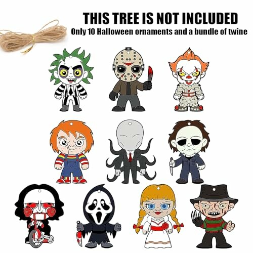Set of 10 Halloween character ornaments with twine, featuring iconic horror figures.