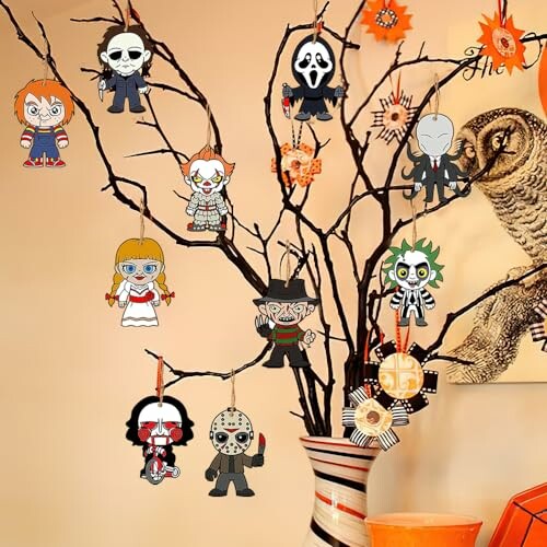 Halloween-themed tree with horror character ornaments.