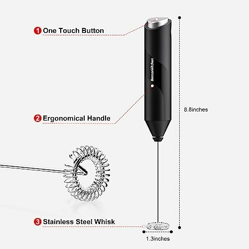 Handheld milk frother with one touch button, ergonomic handle, and stainless steel whisk.