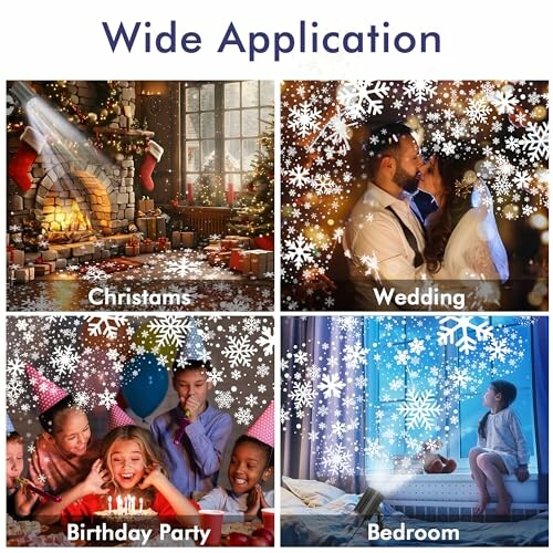 Collage of Christmas, Wedding, Birthday Party, and Bedroom scenes with snowflake overlay.