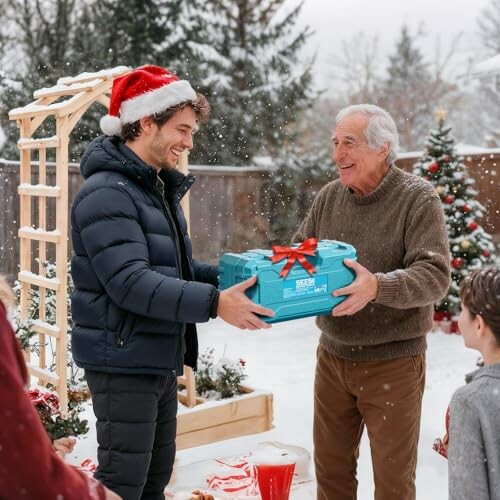 Two people exchanging a gift outdoors in a snowy setting.