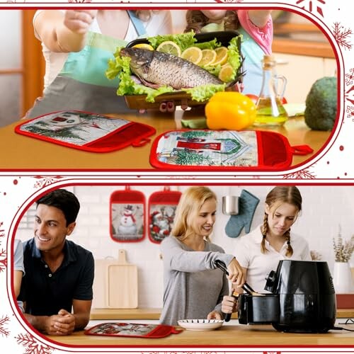 People cooking in kitchen with fish and air fryer, festive decor.
