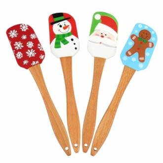 Set of four holiday-themed spatulas with snowflake, snowman, Santa, and gingerbread designs.