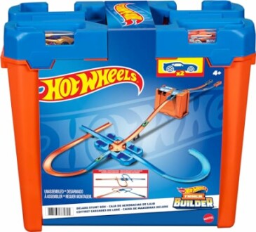 Hot Wheels Track Builder Deluxe Stunt Box packaging, perfect for kids who love racing and building.