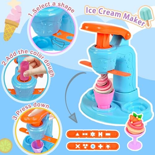 Toy ice cream maker with dough and shape selection steps.